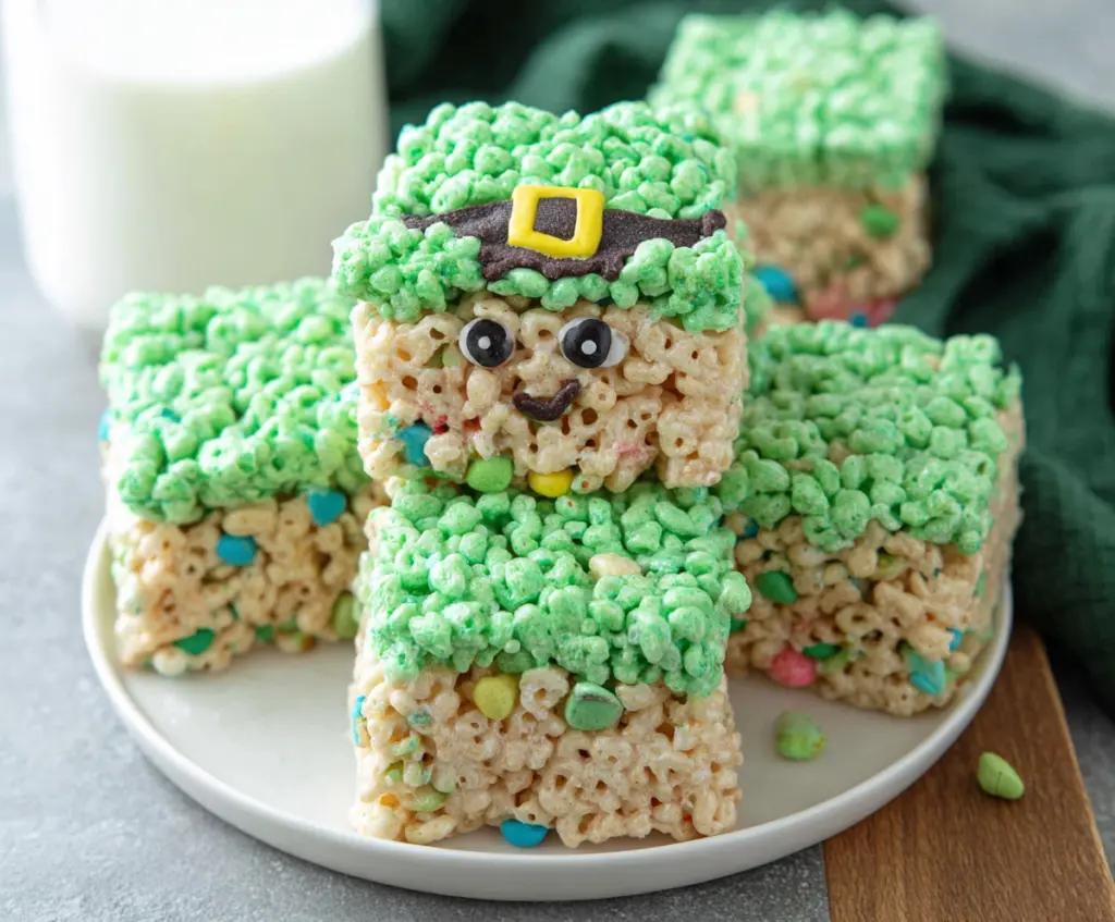 Delicious Lucky Leprechaun Rice Krispie Treats decorated with green sprinkles for St. Patrick's Day.
