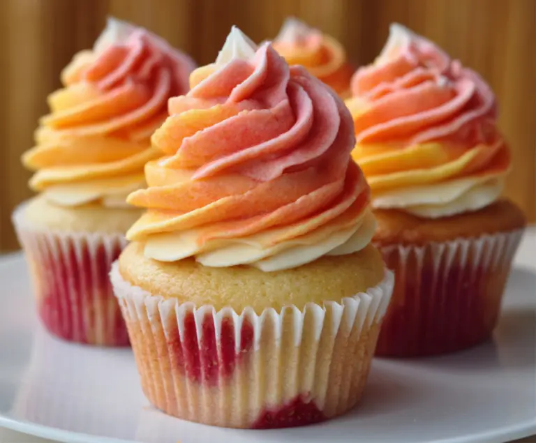 Delicious Mango Strawberry Sunset Cupcakes with vibrant orange and red frosting topping.