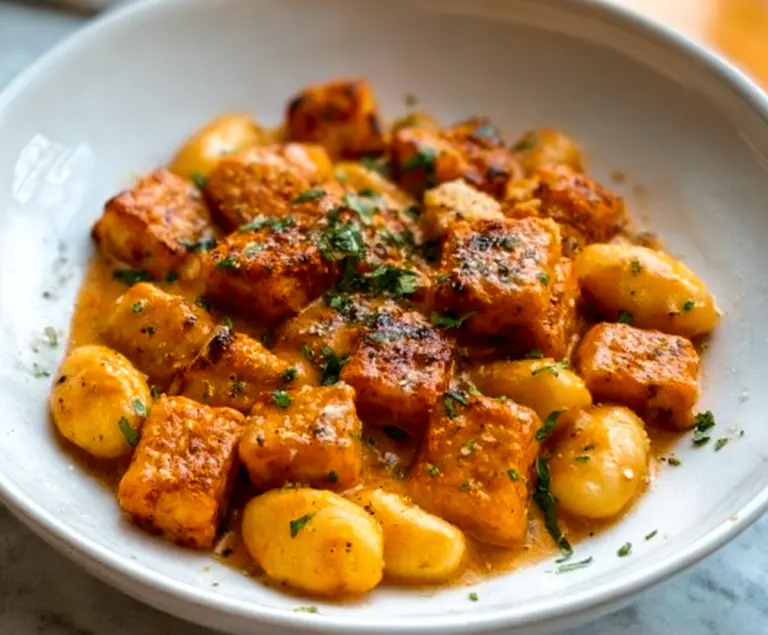 Crispy tofu paired with soft gnocchi in a savory sauce for Marry Me Crispy Tofu with Gnocchi recipe