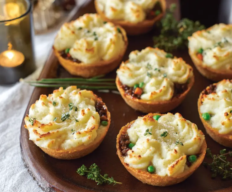 Delicious mini shepherd's pies garnished with herbs for St. Patrick's Day celebration.