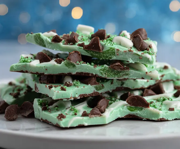 Delicious Mint Chocolate Shamrock Bark topped with fresh mint leaves for a festive St. Patrick's Day treat