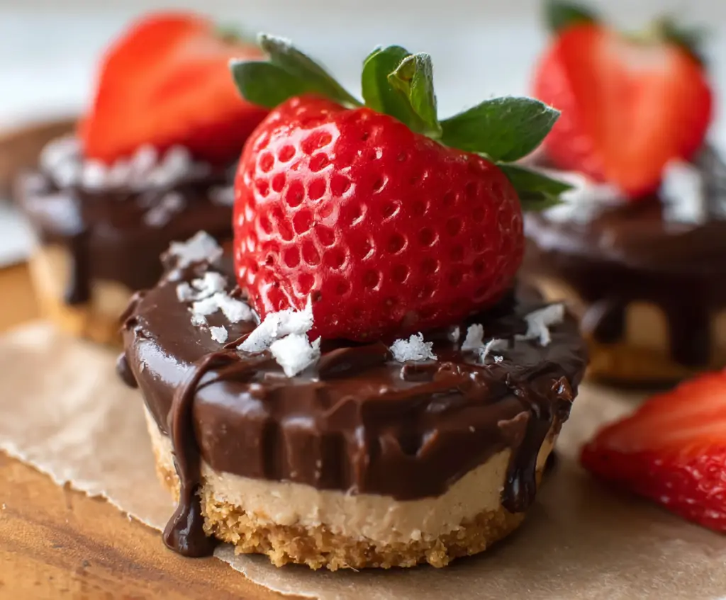 Delicious no-bake chocolate-covered strawberry cheesecake cups with fresh strawberries and creamy cheesecake filling