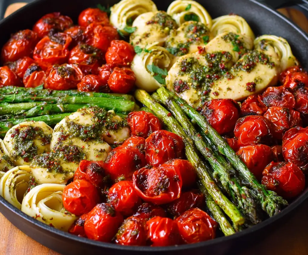Delicious one-pan pesto chicken served with fresh herbs and vegetables