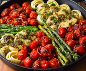 Delicious one-pan pesto chicken served with fresh herbs and vegetables