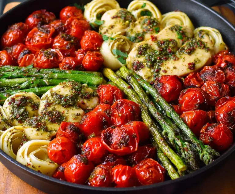 Delicious one-pan pesto chicken served with fresh herbs and vegetables