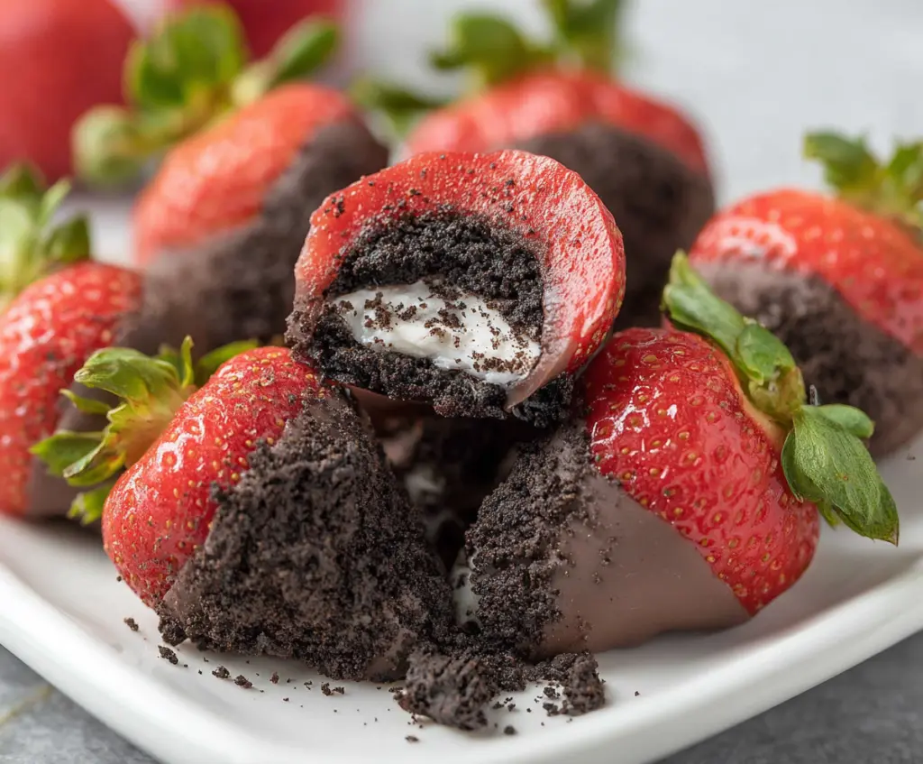 Delicious Oreo truffle-stuffed strawberries topped with chocolate and crushed Oreos for a sweet treat.