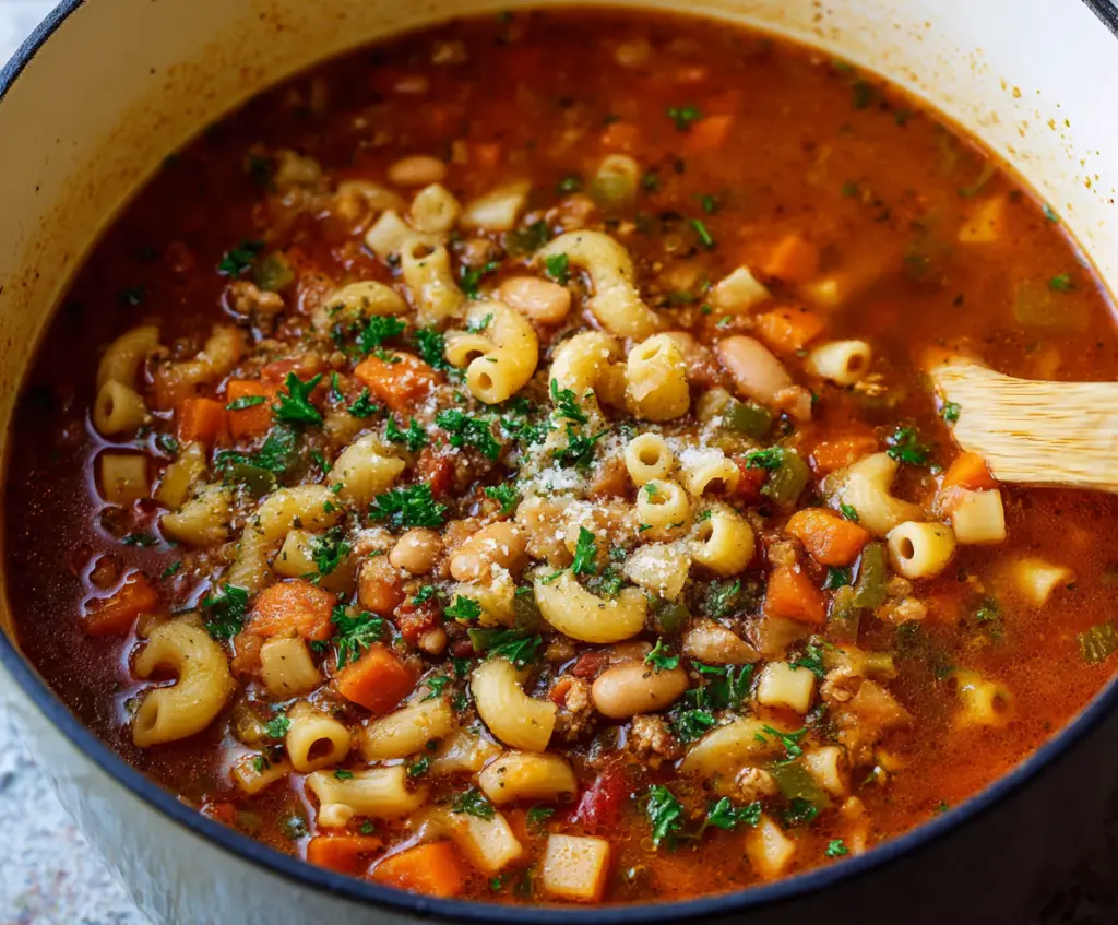 Creamy Pasta Fagioli soup with beans, pasta, and herbs in a rustic bowl.
