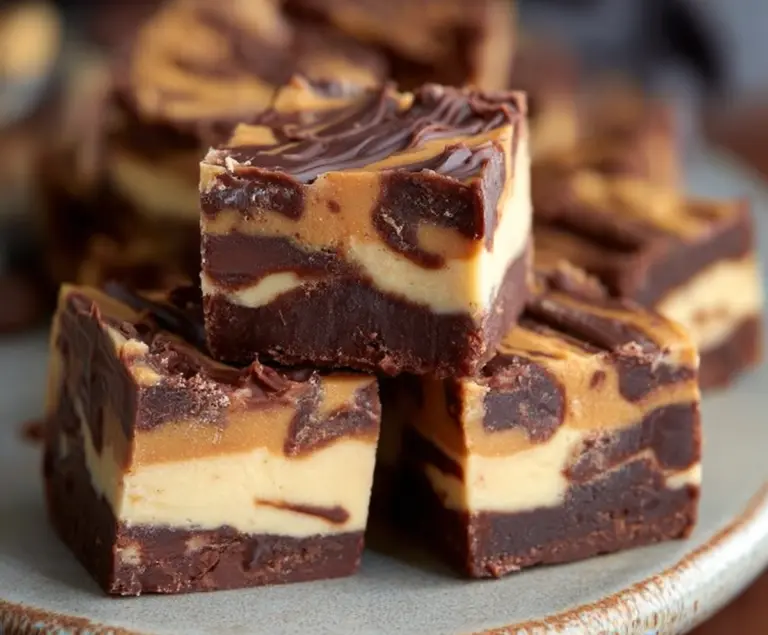 Creamy Peanut Butter Cup Cheesecake Fudge topped with chocolate and peanut butter cups