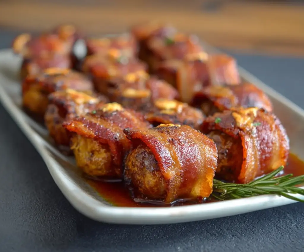 Delicious pig shots appetizer with bacon-wrapped sausage balls on a serving platter.