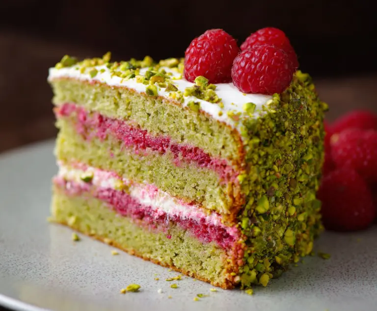 Delicious pistachio raspberry cake with layered frosting and fresh berries on top.