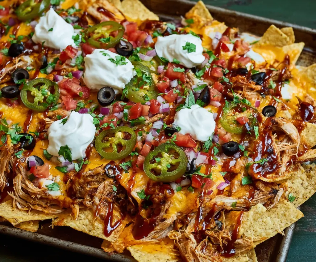 Delicious pulled pork nachos topped with melted cheese, jalapenos, and fresh toppings on a plate.