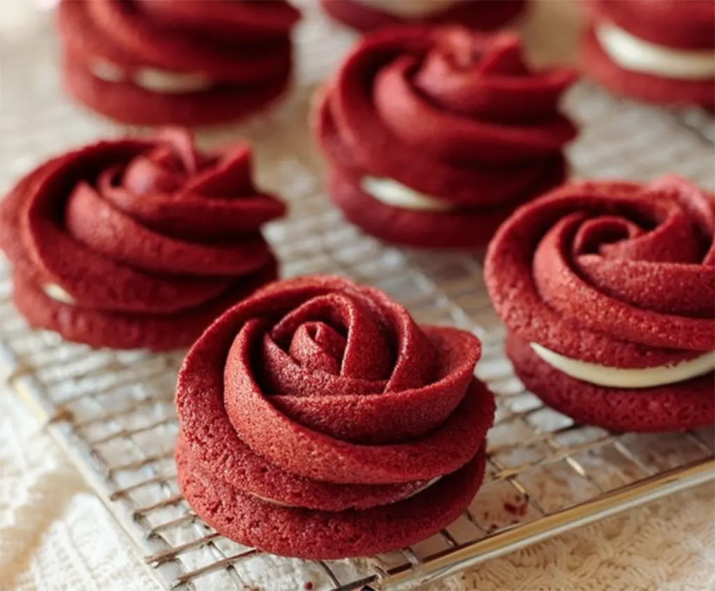 Red velvet sandwich cookies with cream cheese filling and decorative rose design.
