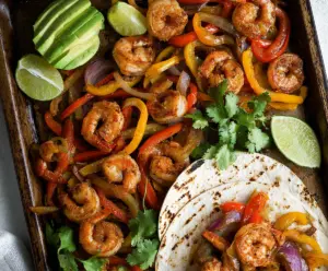 Delicious sheet-pan shrimp fajitas with colorful peppers and seasoned spices on a baking sheet.