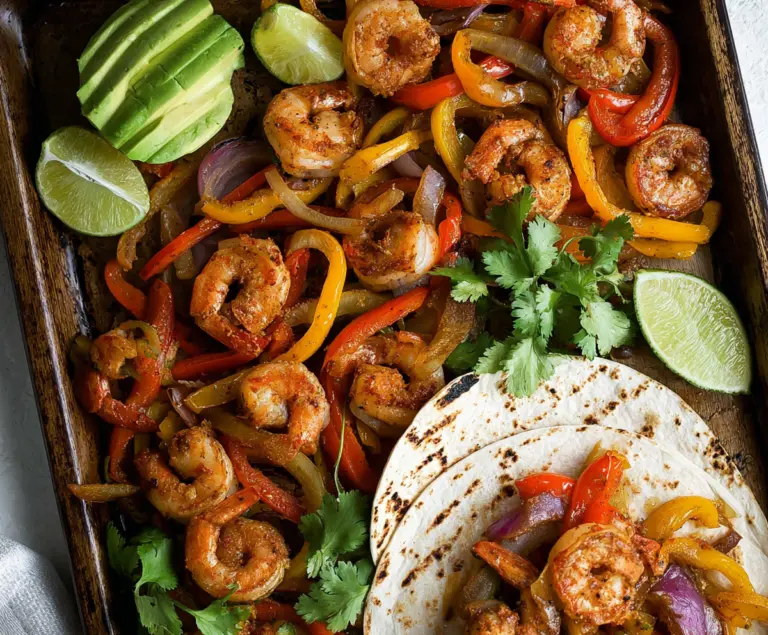 Delicious sheet-pan shrimp fajitas with colorful peppers and seasoned spices on a baking sheet.