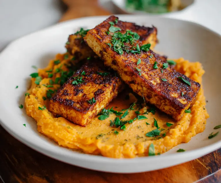 Delicious smoky tofu steak served with creamy mashed sweet potatoes, perfect for a healthy vegan meal.