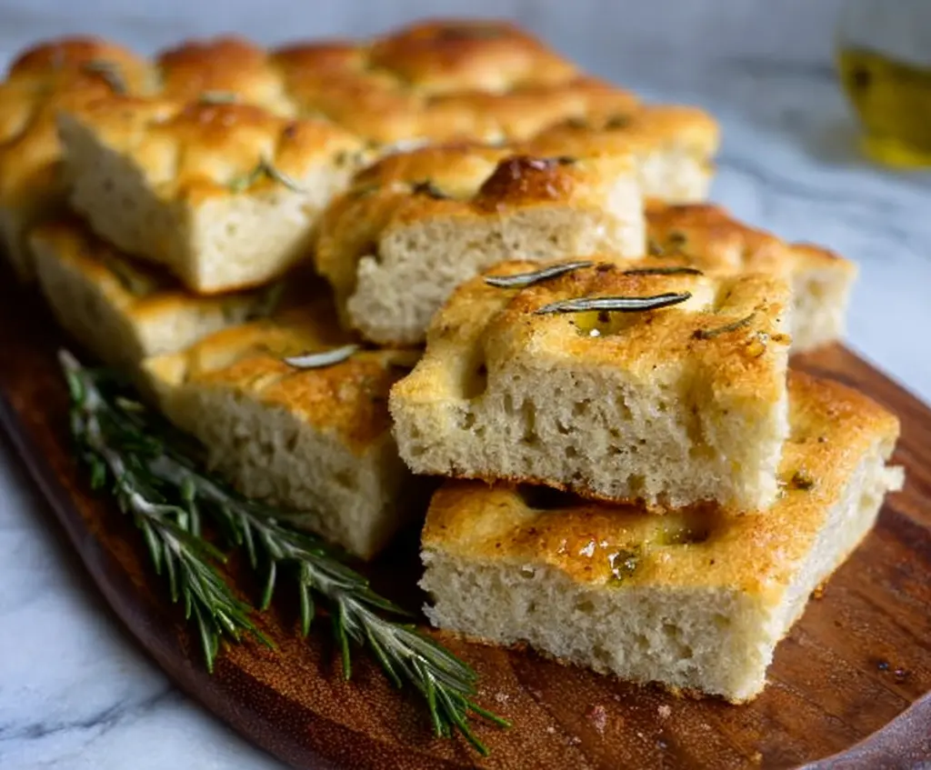 Delicious sourdough discard focaccia topped with fresh rosemary and drizzled with olive oil, perfect for snacking or as a side dish