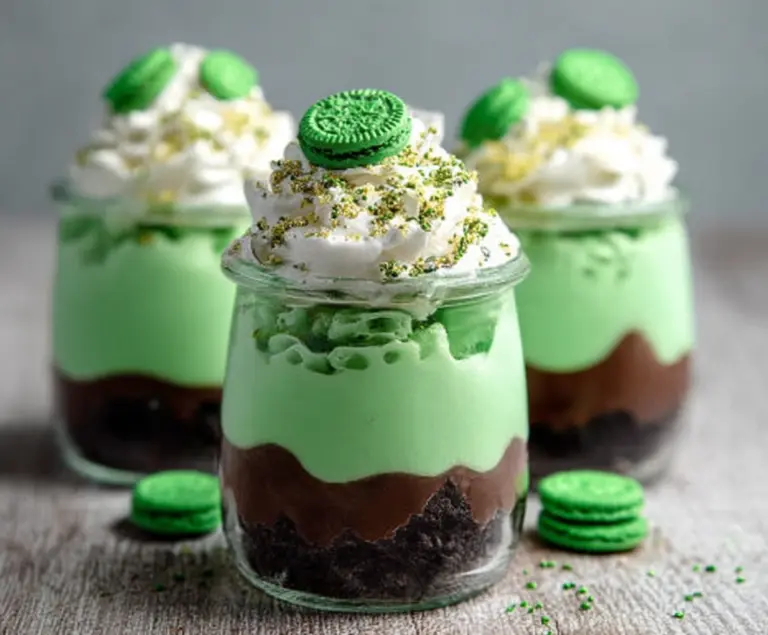 Green St Patrick's Day shake pudding cups garnished with shamrock-shaped toppings for a festive dessert.