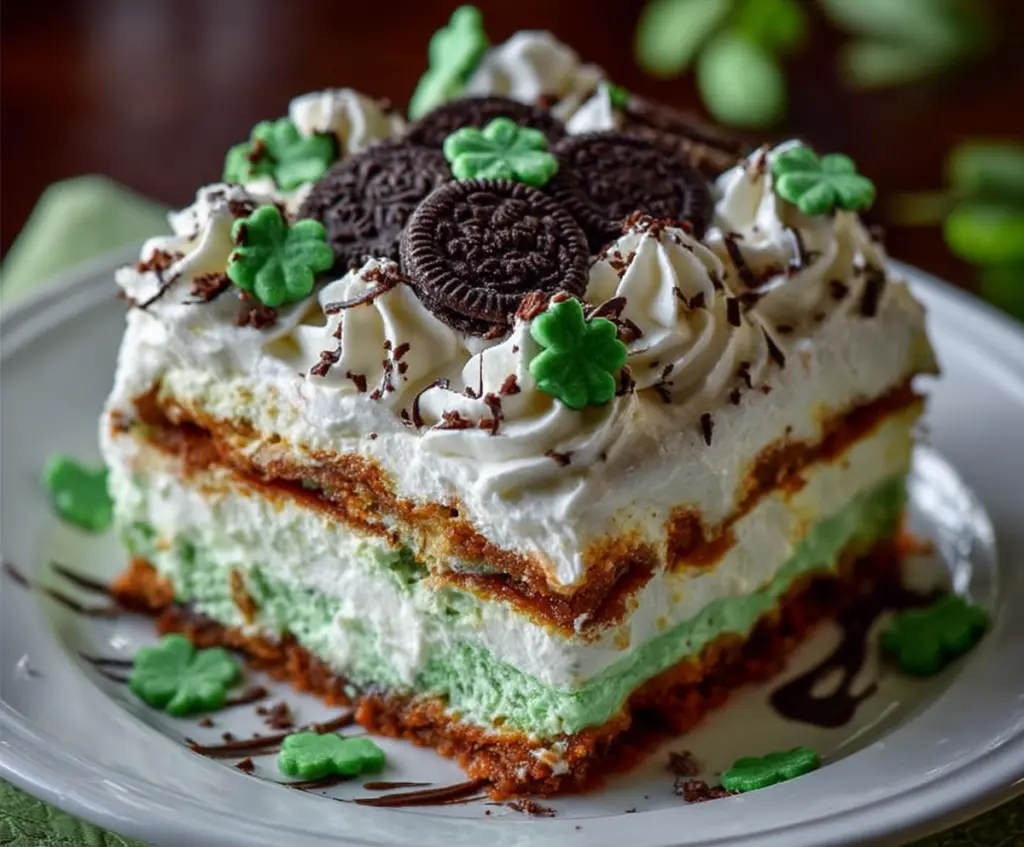 Layered Shamrock-shaped Lasagna Dessert with green frosting and festive decorations for St. Patrick's Day