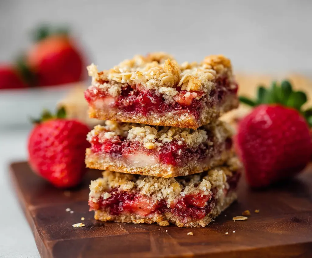 Delicious strawberry oatmeal crumble bars with fresh strawberries and crunchy oat topping