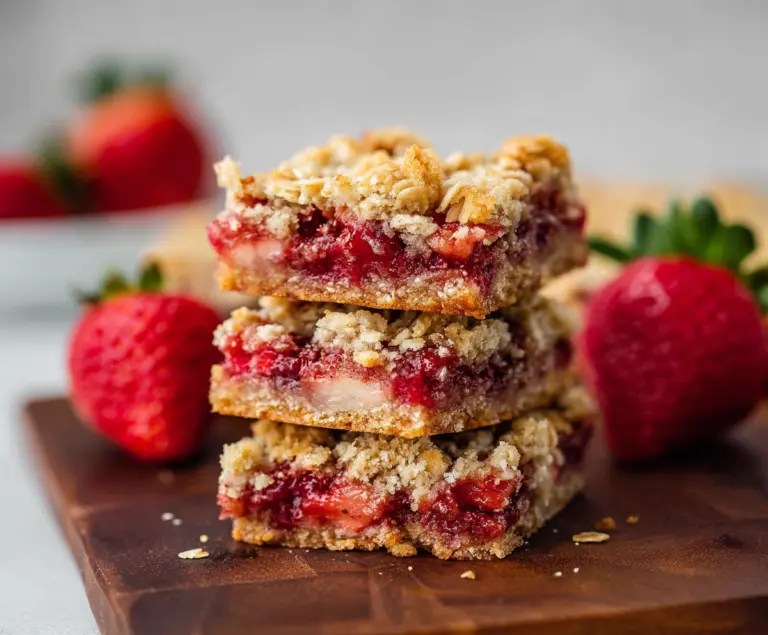 Delicious strawberry oatmeal crumble bars with fresh strawberries and crunchy oat topping