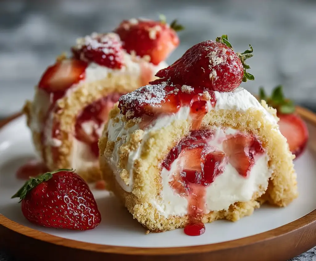 Delicious strawberry shortcake cheesecake rolls with fresh strawberries and creamy filling.
