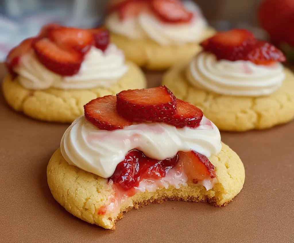 Delicious Strawberry Shortcake Cookies with fresh strawberries and fluffy cream topping.