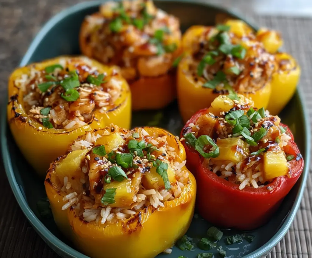 Delicious Teriyaki Pineapple Chicken and Rice Stuffed Peppers served on a plate.