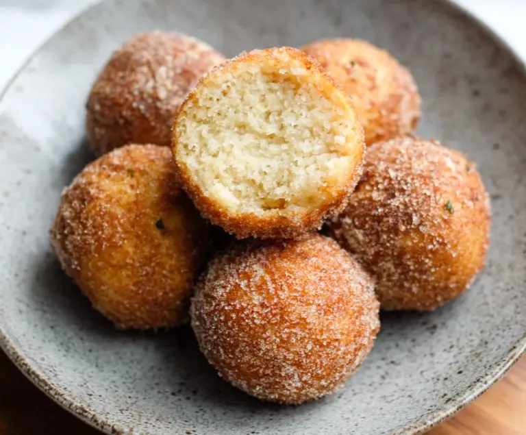 Delicious Tofu Donut Balls on a plate, crispy golden exterior with a soft interior, perfect for a healthy snack.