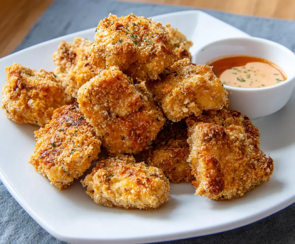 Crispy tofu fried chicken served on a plate with garnishes, perfect for vegan fried chicken lovers.
