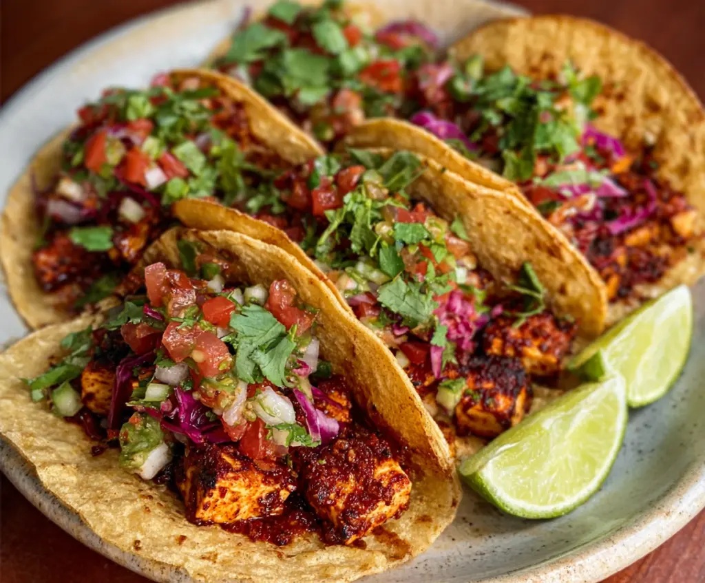 Delicious tofu tacos with fresh vegetables and flavorful sauces on a vibrant plate.