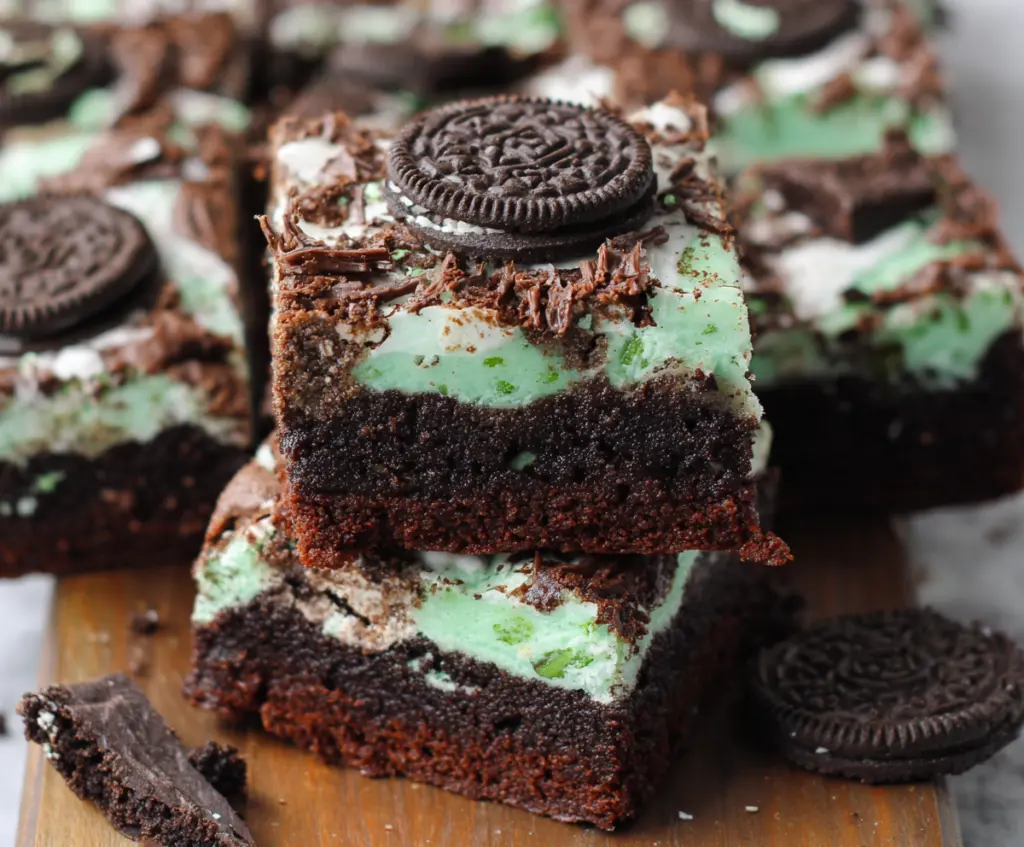Delicious triple layer fudgy mint Oreo brownies with a rich chocolate and mint topping.
