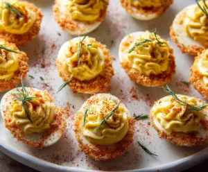 Delicious air fryer deviled eggs with creamy filling and paprika topping on a white plate.