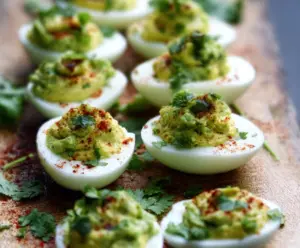 Creamy avocado deviled eggs garnished with fresh herbs and paprika.