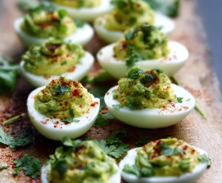 Creamy avocado deviled eggs garnished with fresh herbs and paprika.