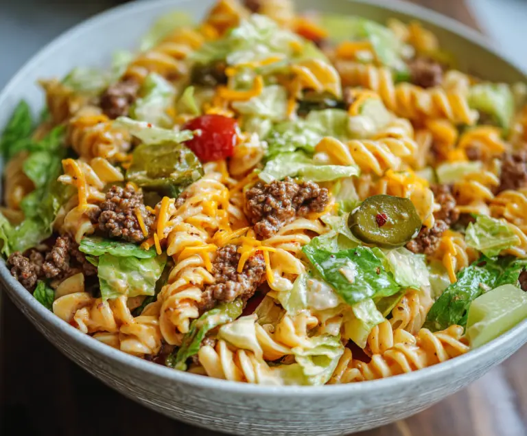 Delicious Big Mac Pasta Salad with seasoned ground beef, shredded cheese, and fresh vegetables in a creamy dressing.