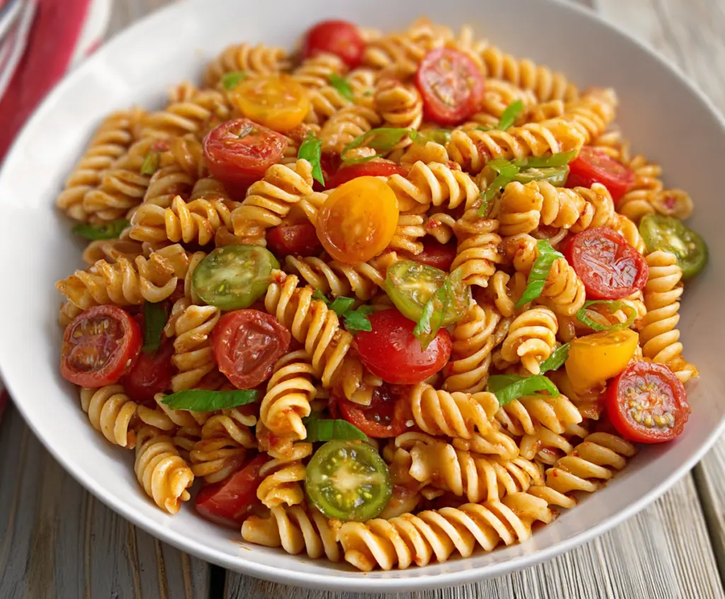 Colorful Bloody Mary Pasta Salad with cherry tomatoes, olives, and fresh herbs, perfect for summer gatherings.