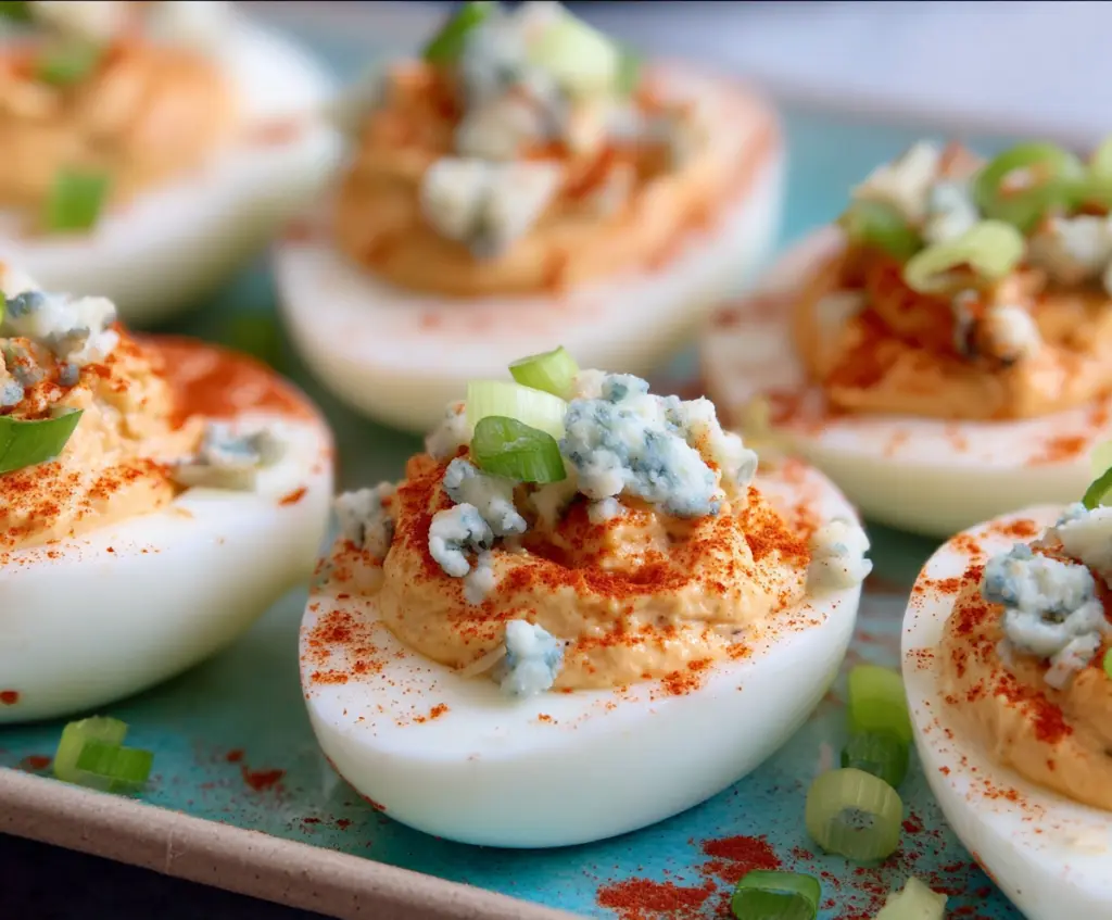 Buffalo Blue Cheese Deviled Eggs arranged on a plate with garnished herbs for a savory appetizer.
