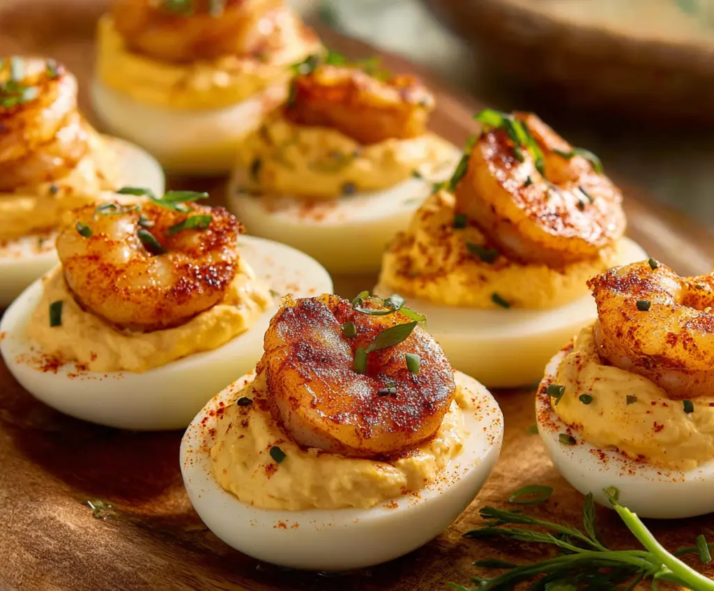 Delicious Cajun Shrimp Deviled Eggs garnished with fresh herbs on a white platter.