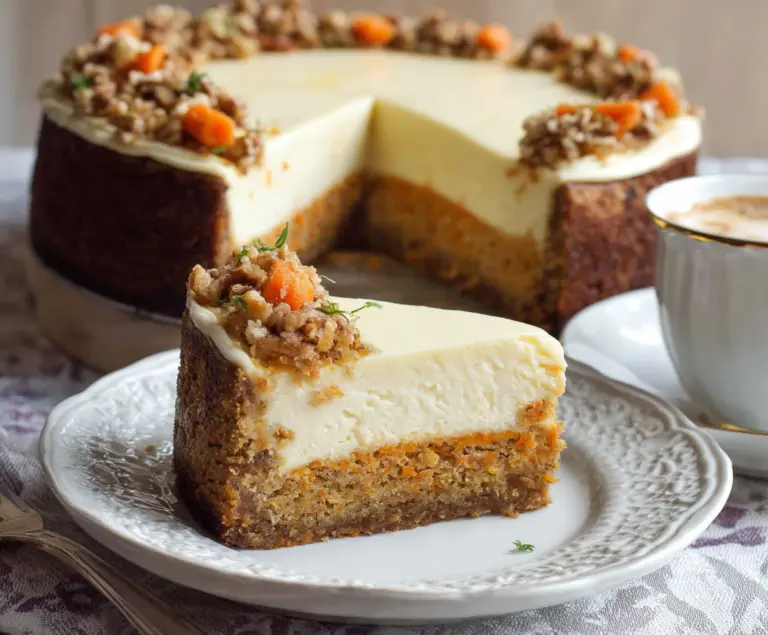 Delicious carrot cake cheesecake with cream cheese frosting and grated carrots on top