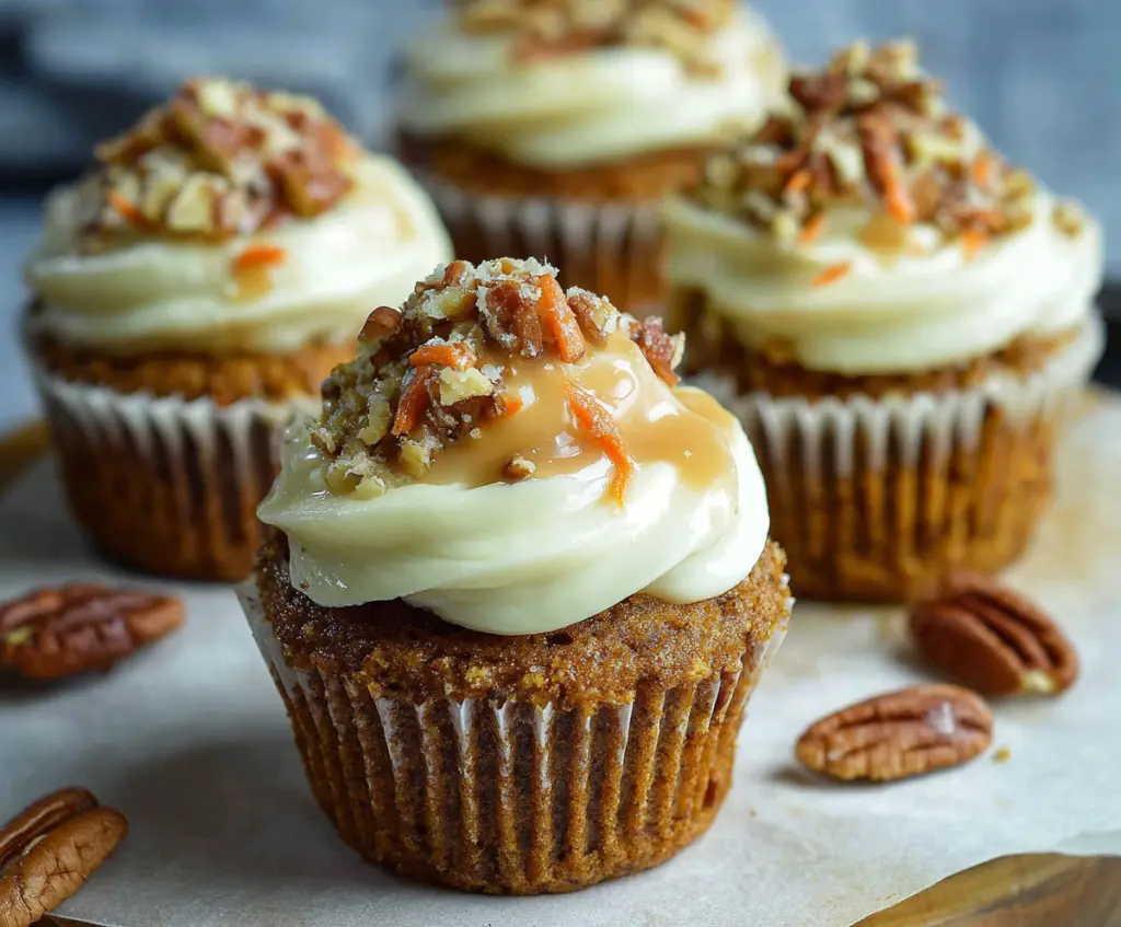 Delicious homemade carrot cake cupcakes topped with cream cheese frosting, perfect for dessert or parties.