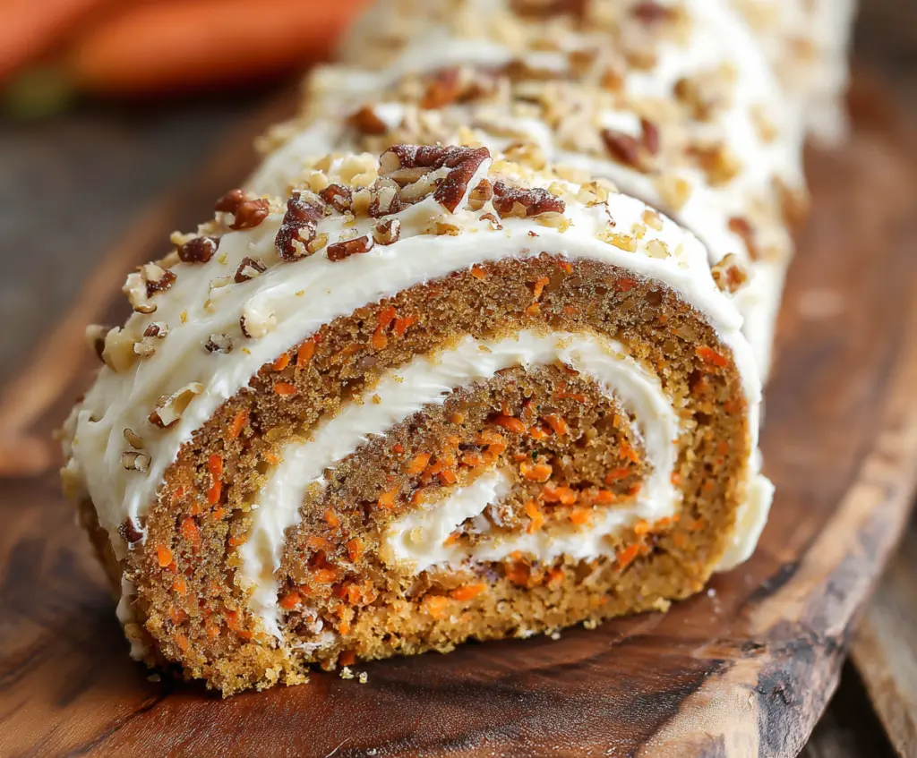 Delicious carrot cake roll with cream cheese frosting and grated carrots on top, served on a white plate.