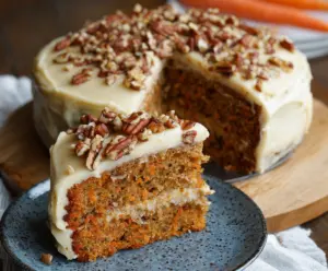 Much of a freshly baked carrot cake with creamy cream cheese frosting, decorated with chopped walnuts on top.