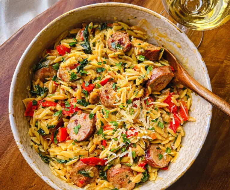 Delicious Chicken Sausage Orzo served with fresh herbs and vegetables.