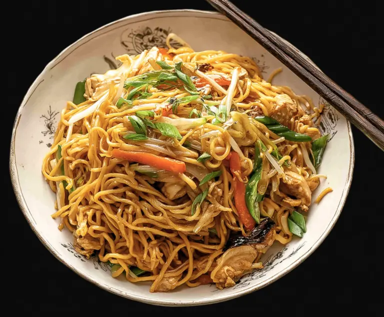 Delicious homemade Chow Mein noodles with vegetables and crispy meat