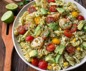 Fresh cilantro lime pasta salad with colorful vegetables and zesty dressing