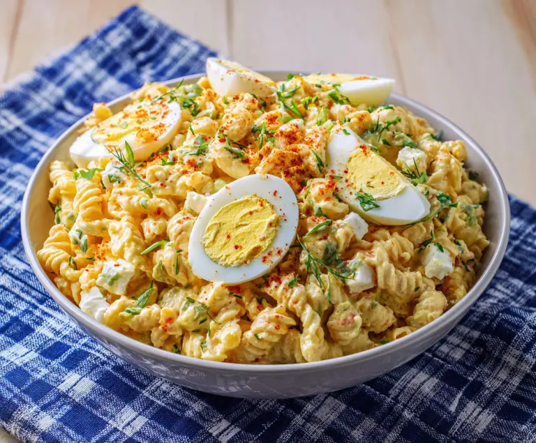 Creamy deviled egg pasta salad with herbs and paprika in a white bowl.
