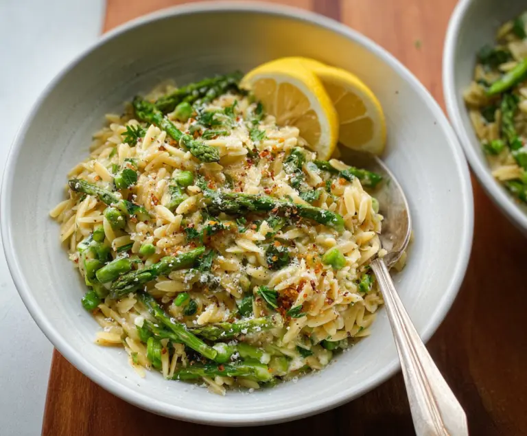 Delicious creamy lemon garlic orzo pasta with fresh asparagus for a flavorful vegetarian meal