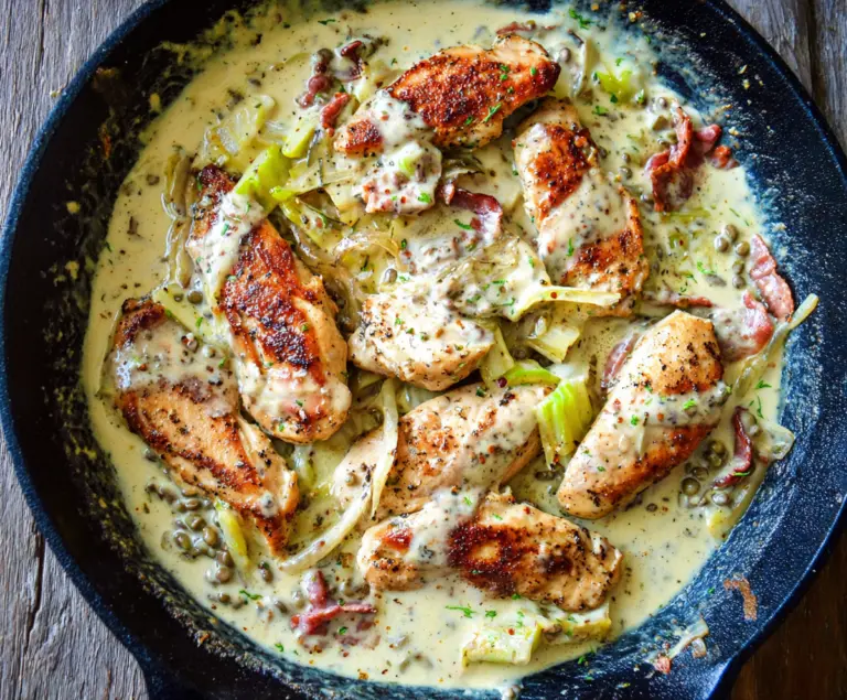 Creamy Pepperoncini Chicken Skillet served with fresh herbs on a rustic plate