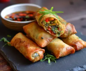 Golden crispy baked vegetable spring rolls served on a white plate with fresh dipping sauce.