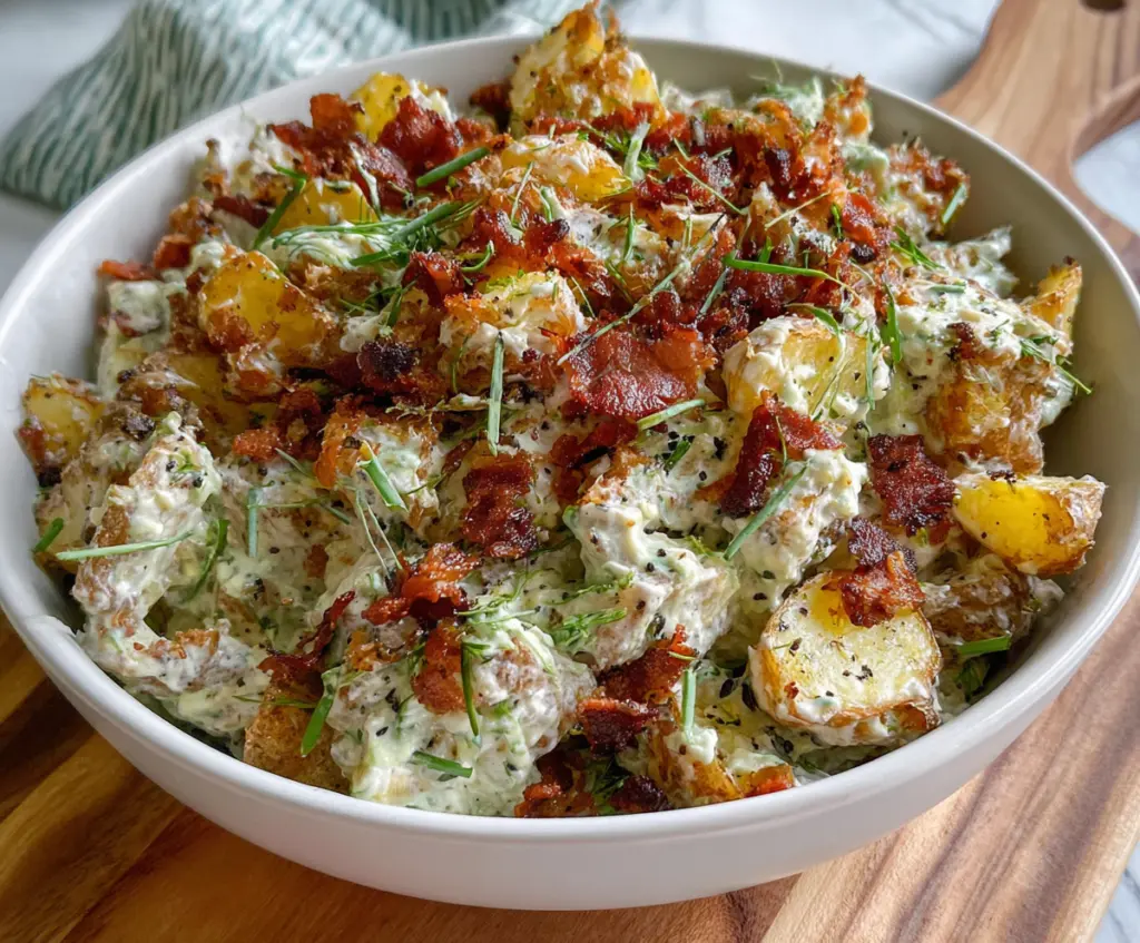 Delicious crispy smashed potato salad garnished with fresh herbs and lemon slices.